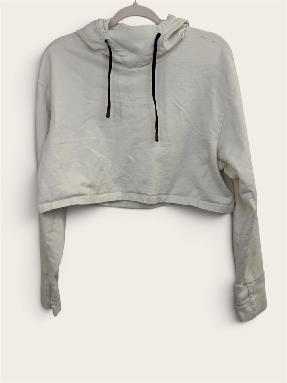 Oakley Women’s Cropped Hoodie in Light Cream with Black Drawstrings Size Medium